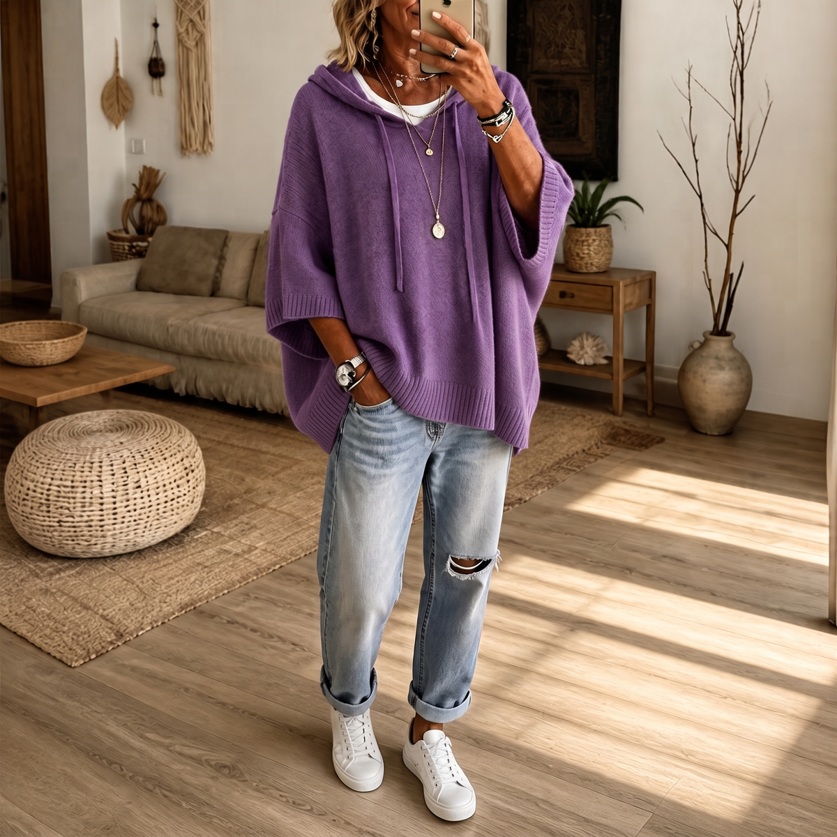 Women's Open-Knit Hoodie | Frayed-Edge Oversized Fit 16