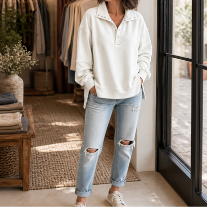 Women's Oversized Henley Sweatshirt | Structured Collar & Raw-Edge Detailing 15