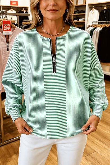 Women's Striped Zip-Up Top | Relaxed Fit & Wrinkle Resistant 12