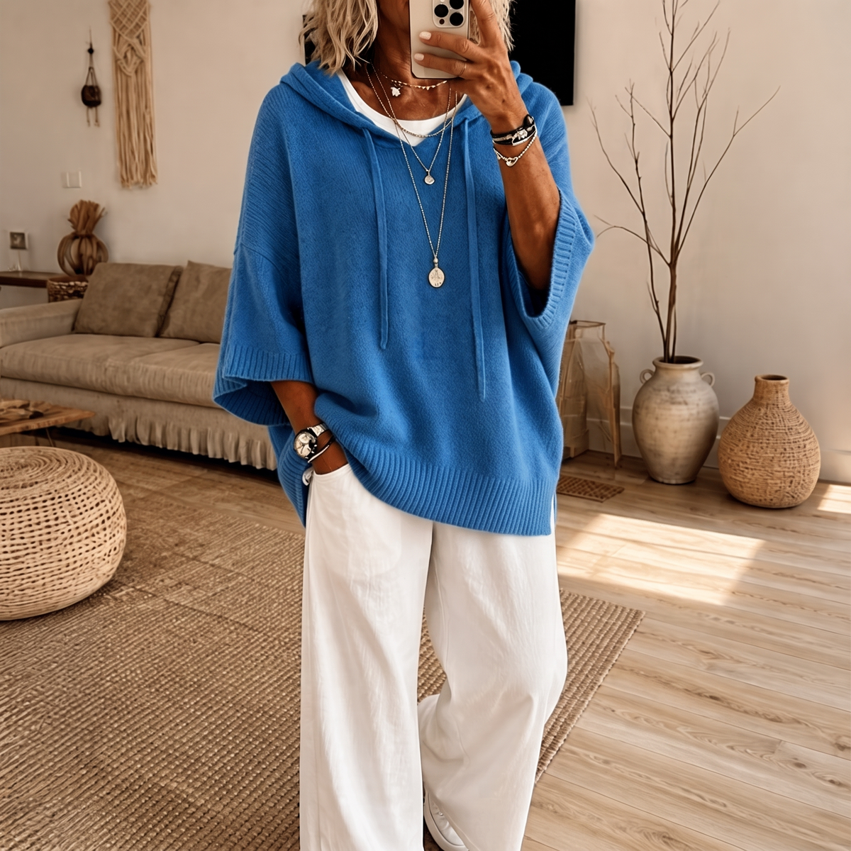 Women's Open-Knit Hoodie | Frayed-Edge Oversized Fit 17