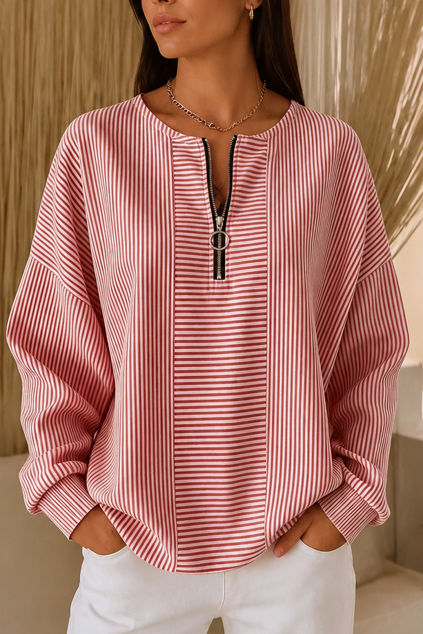 Women's Striped Zip-Up Top | Relaxed Fit & Wrinkle Resistant 11