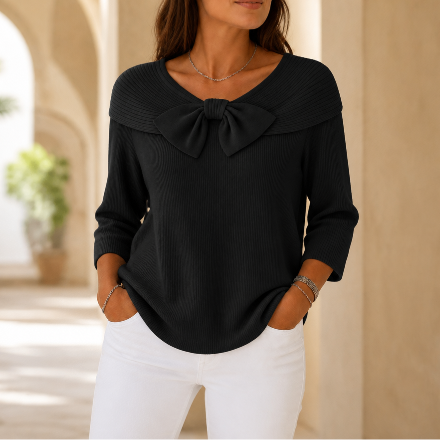 Women's Bow-Neck Sweater | Ribbed Knit & Relaxed Fit 17