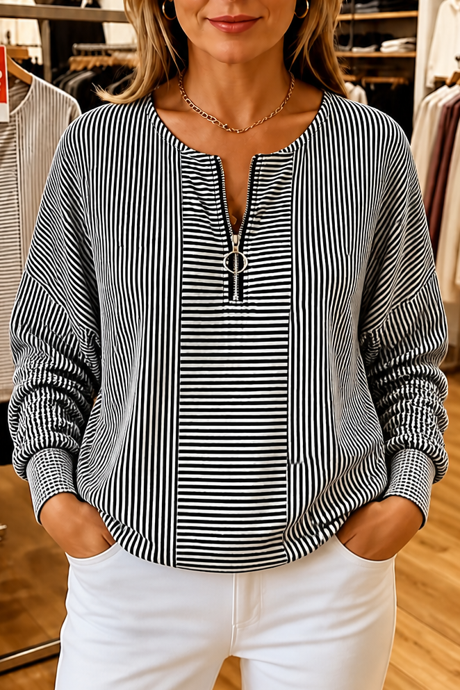 Women's Striped Zip-Up Top | Relaxed Fit & Wrinkle Resistant 10