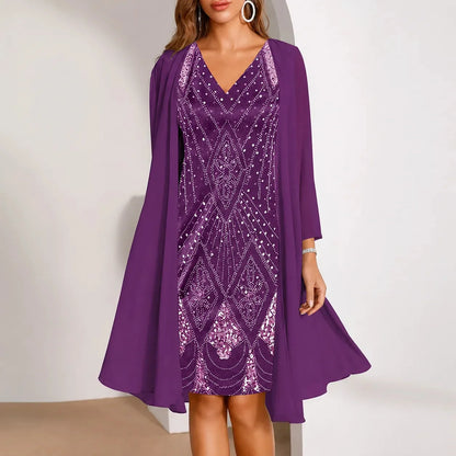 Women's Two-Piece Sequin Dress | Sheer Jacket & Shimmer Design 11