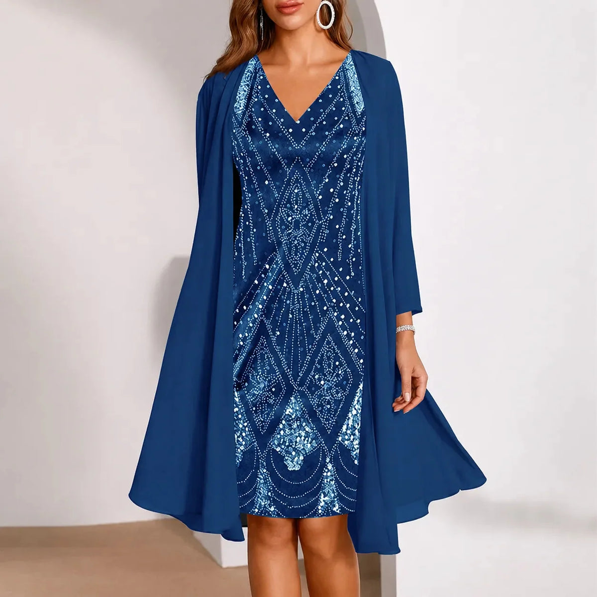 Women's Two-Piece Sequin Dress | Sheer Jacket & Shimmer Design 12