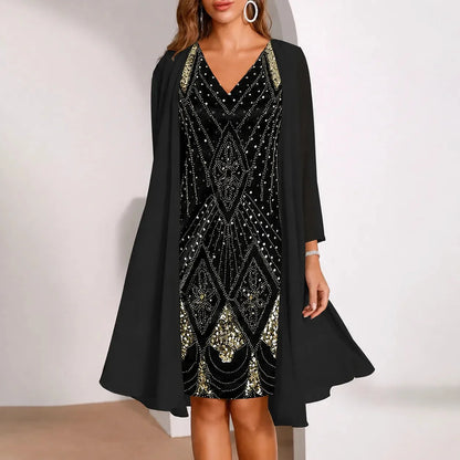 Women's Two-Piece Sequin Dress | Sheer Jacket & Shimmer Design 13