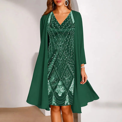 Women's Two-Piece Sequin Dress | Sheer Jacket & Shimmer Design 14
