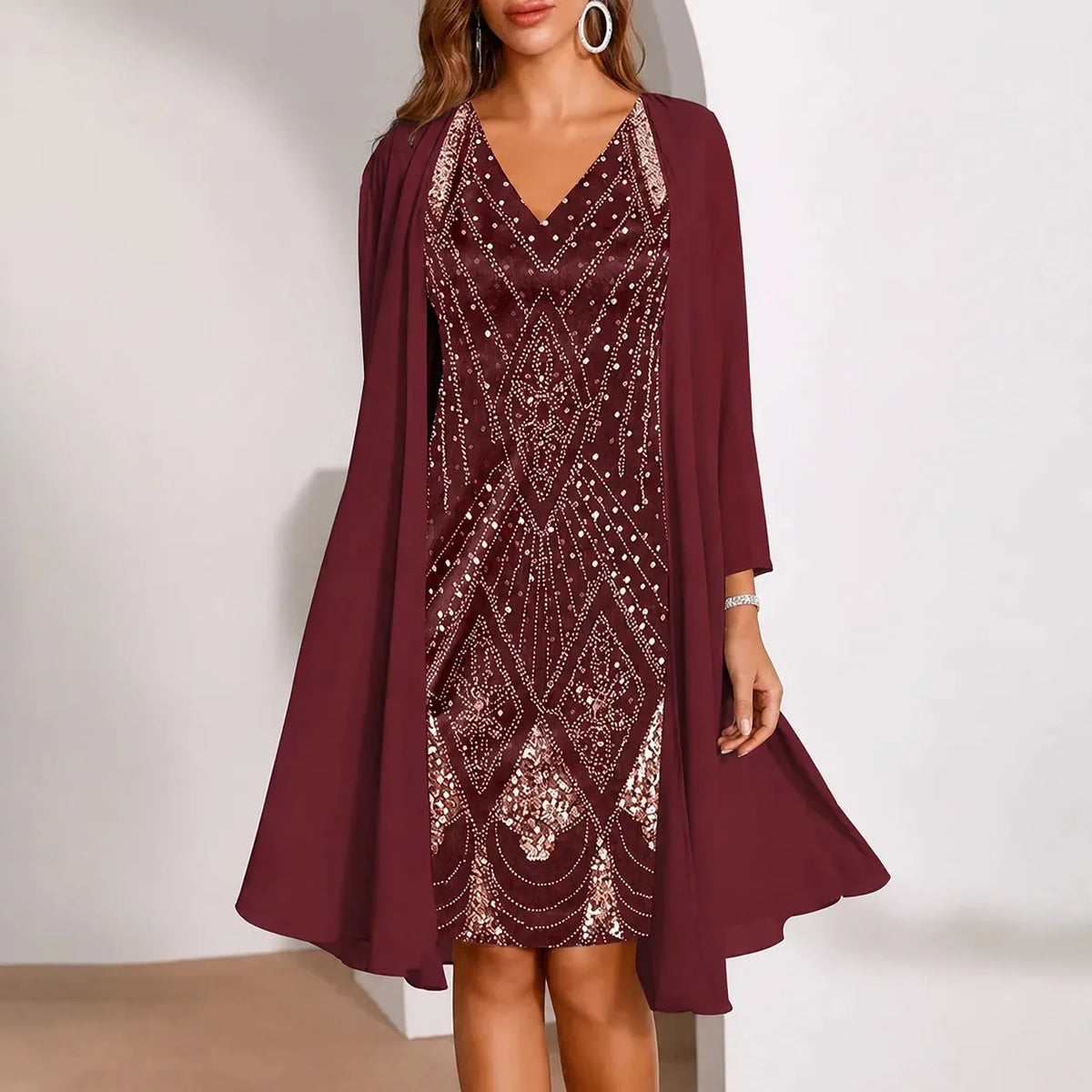 Women's Two-Piece Sequin Dress | Sheer Jacket & Shimmer Design 15