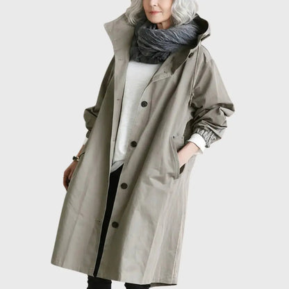 Waterproof Trench Coat Hooded Long Women's Raincoat - Grey