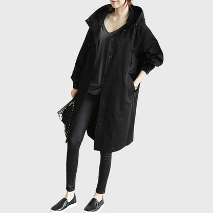 Waterproof Trench Coat Hooded Long Women's Raincoat - Black