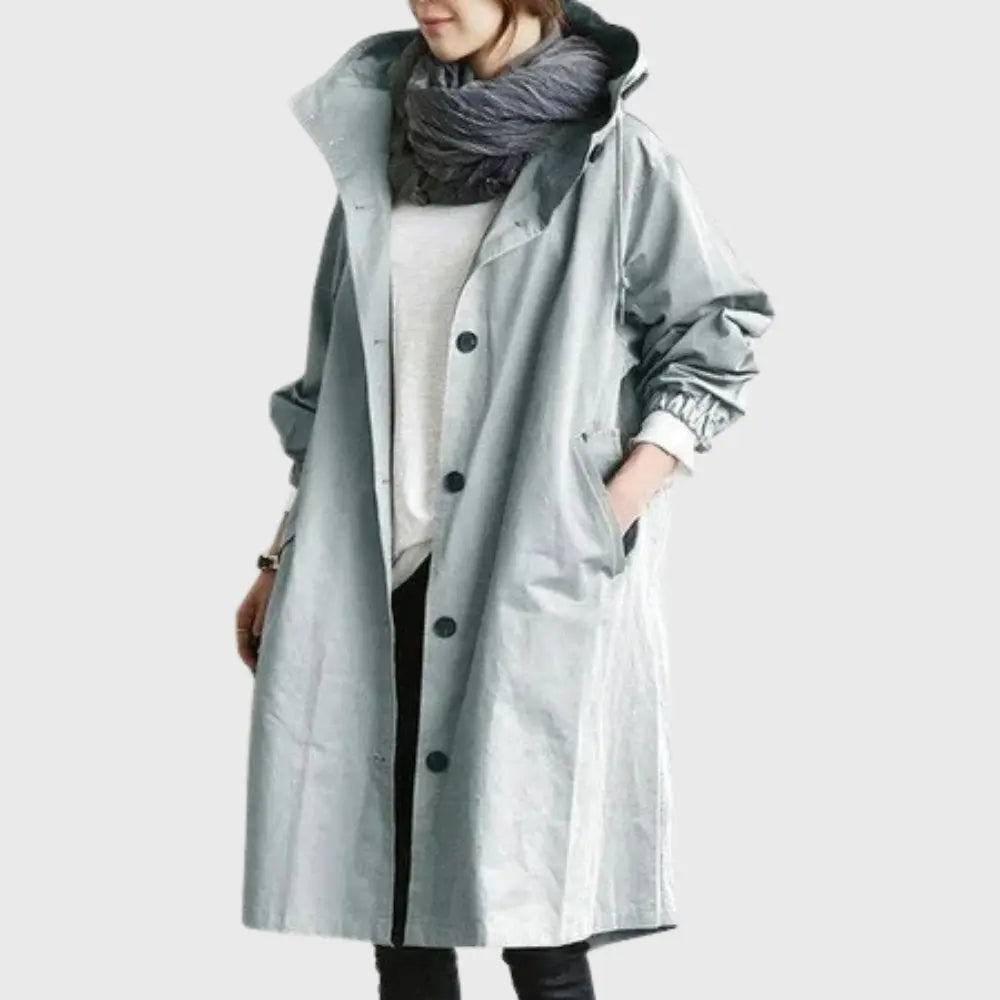 Waterproof Trench Coat Hooded Long Women's Raincoat - Light Blue