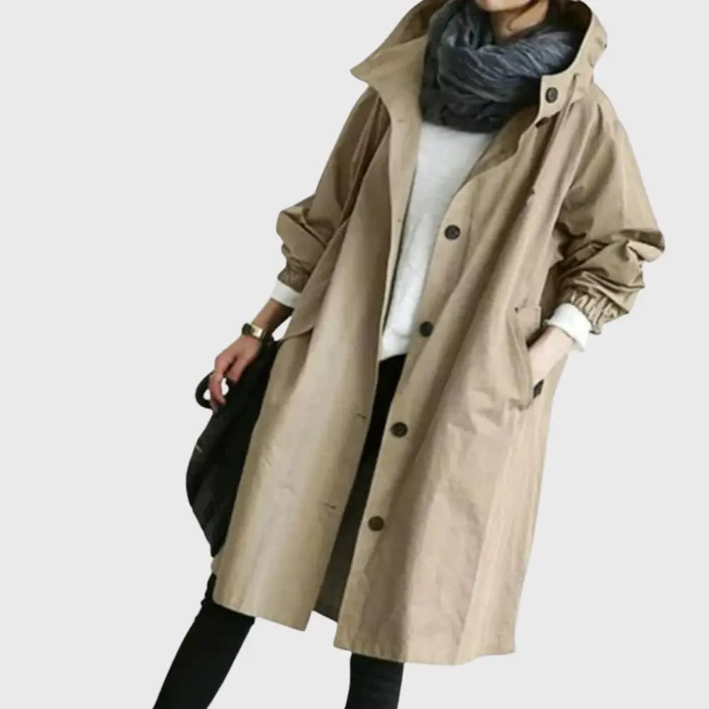 Waterproof Trench Coat Hooded Long Women's Raincoat - Brown