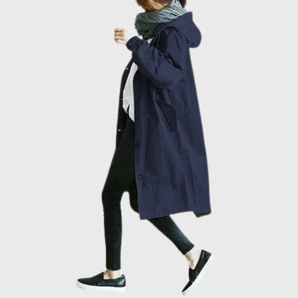 Waterproof Trench Coat Hooded Long Women's Raincoat - Blue