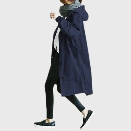 Waterproof Trench Coat Hooded Long Women's Raincoat - Blue