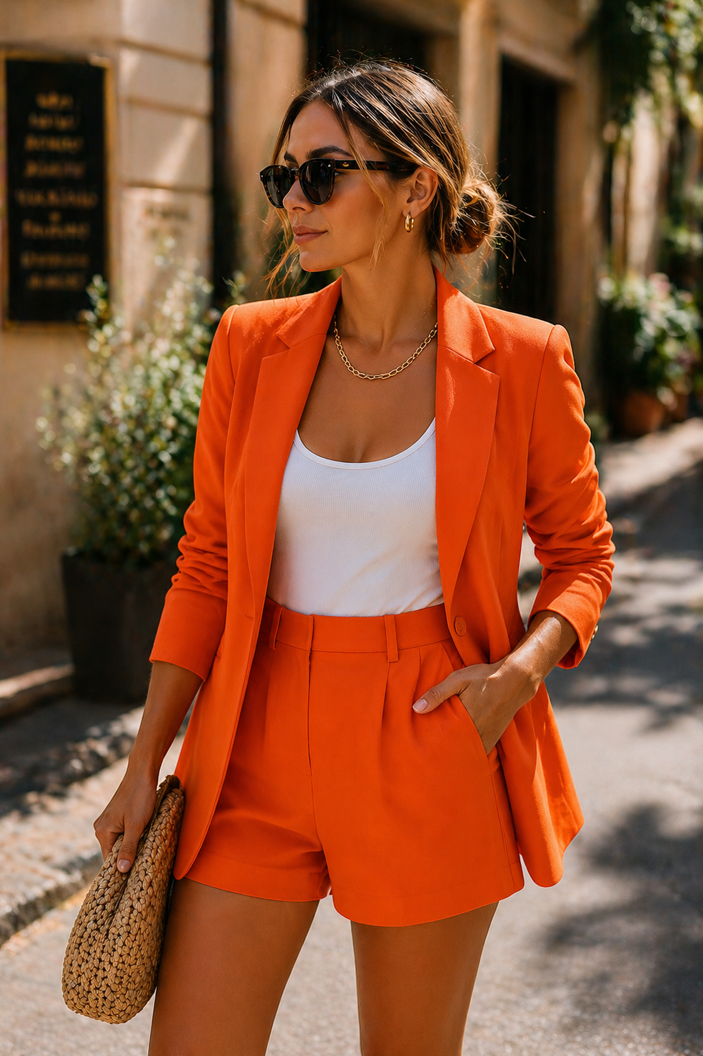 Orange women summer tailored blazer and high-waist shorts two piece set with white tank top