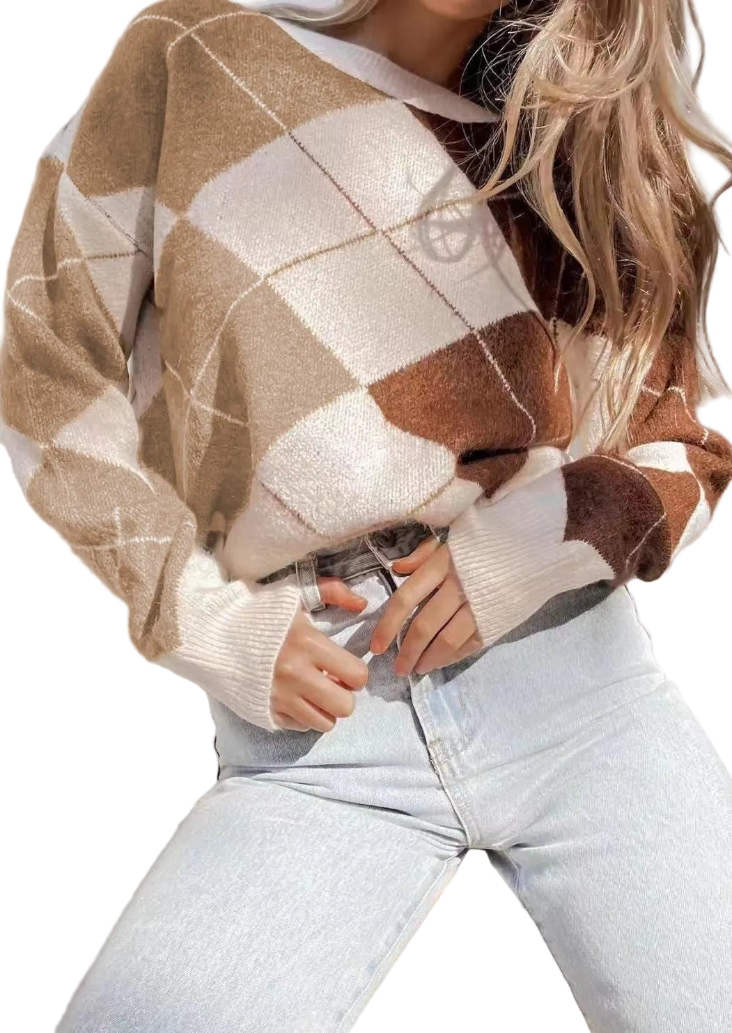 Women's Argyle Jumper | Ribbed Cuffs & Round Neck 1