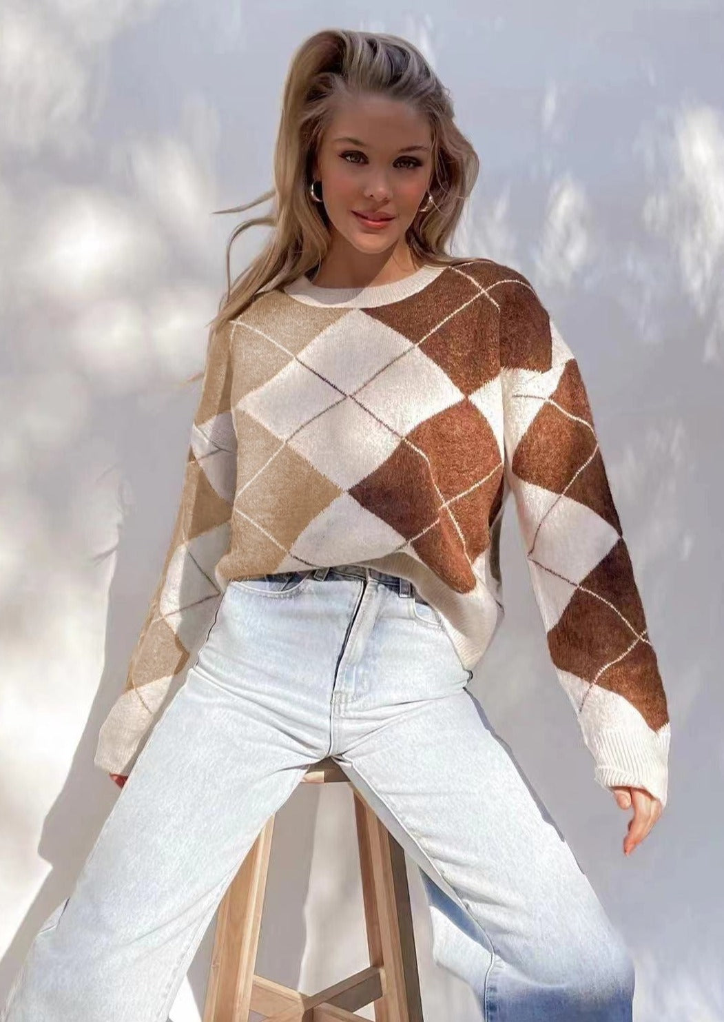 Women's Argyle Jumper | Ribbed Cuffs & Round Neck 3