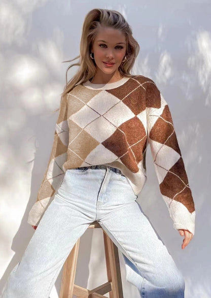 Women's Argyle Jumper | Ribbed Cuffs & Round Neck 3