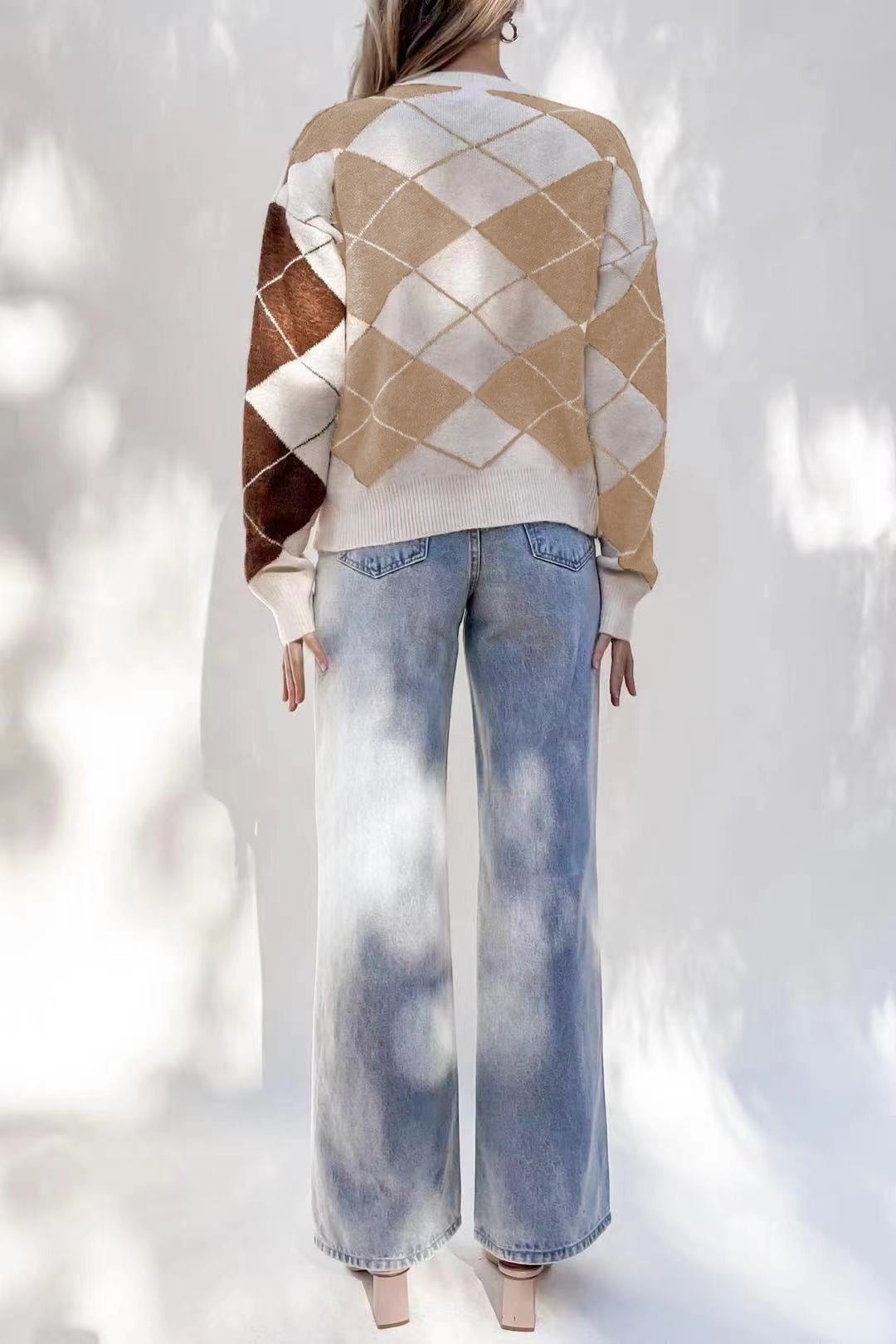 Women's Argyle Jumper | Ribbed Cuffs & Round Neck 5