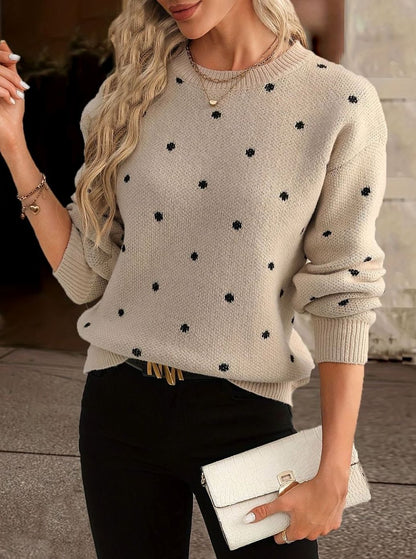 Women's Cosy Polka Dot Long Sleeve Knit Sweater - Khaki