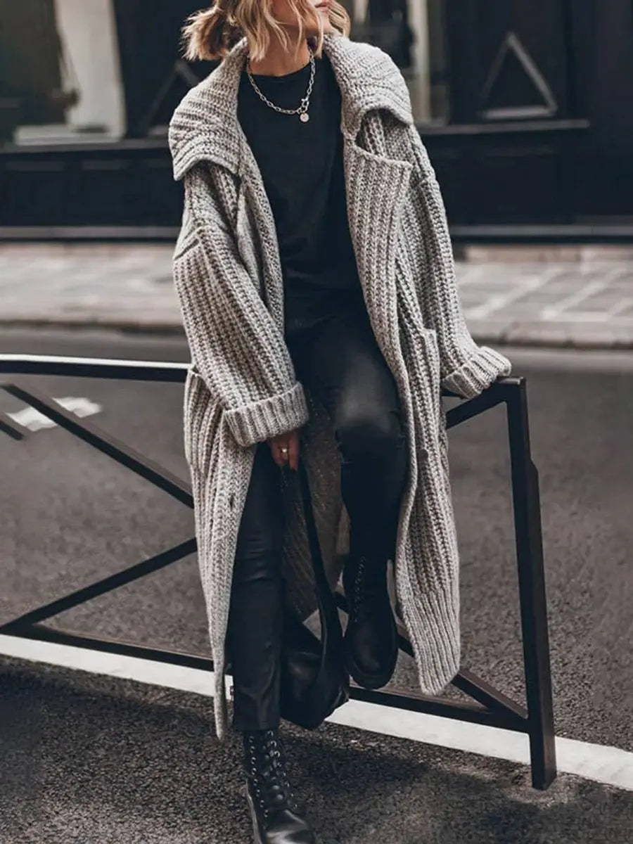 Women's Oversized Chunky Knit Lapel Longline Cardigan - Grey