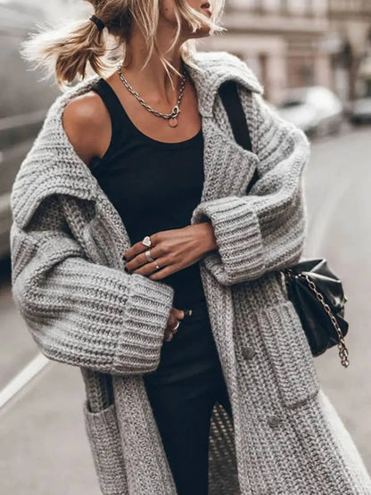 Women's Oversized Chunky Knit Lapel Longline Cardigan