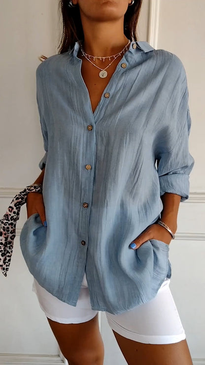 Wren | Women's Crinkle Textured Button-Down Long-Sleeve Top