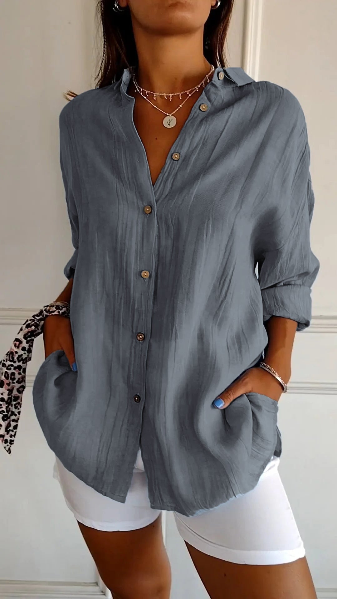 Wren | Women's Crinkle Textured Button-Down Long-Sleeve Top