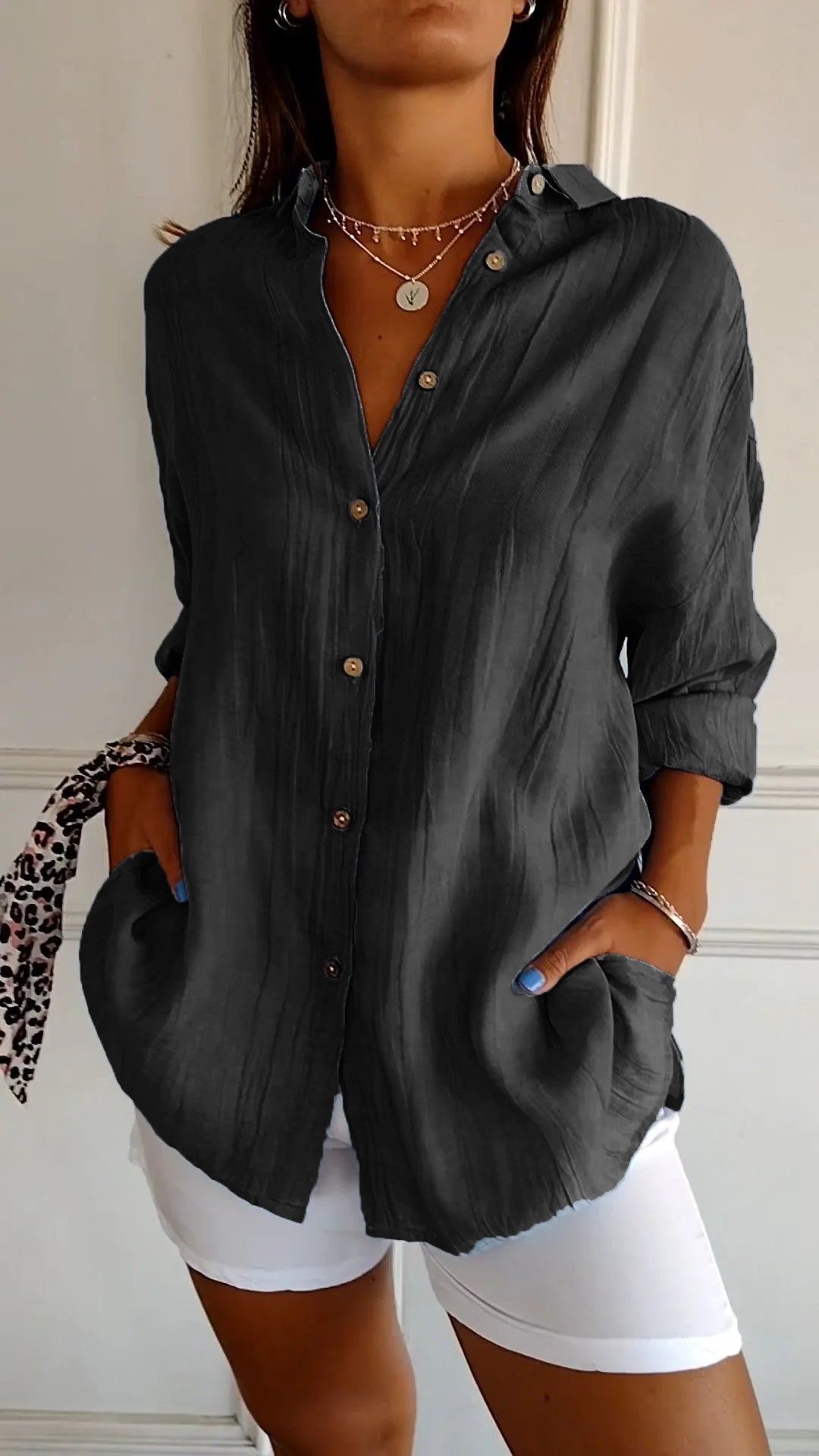 Wren | Women's Crinkle Textured Button-Down Long-Sleeve Top