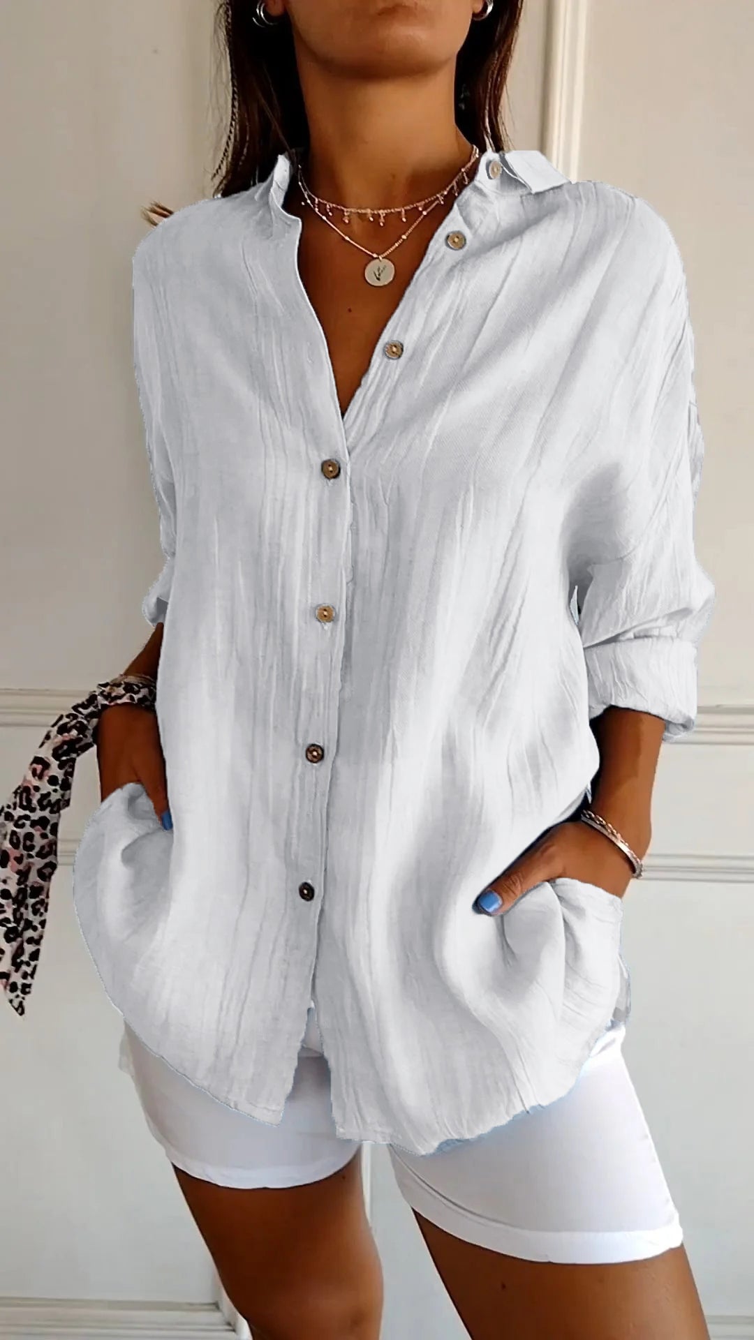 Wren | Women's Crinkle Textured Button-Down Long-Sleeve Top