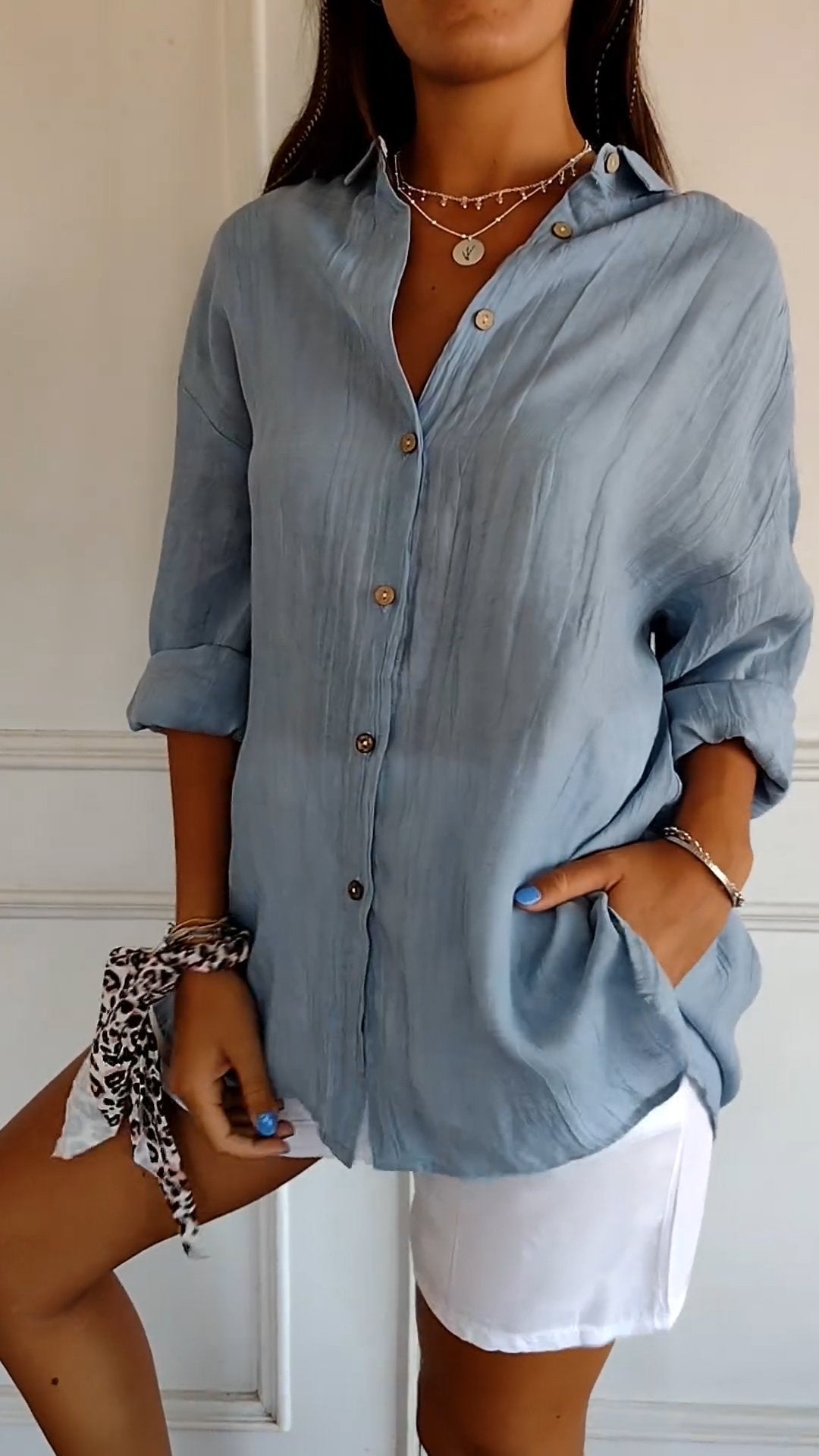 Wren | Women's Crinkle Textured Button-Down Long-Sleeve Top