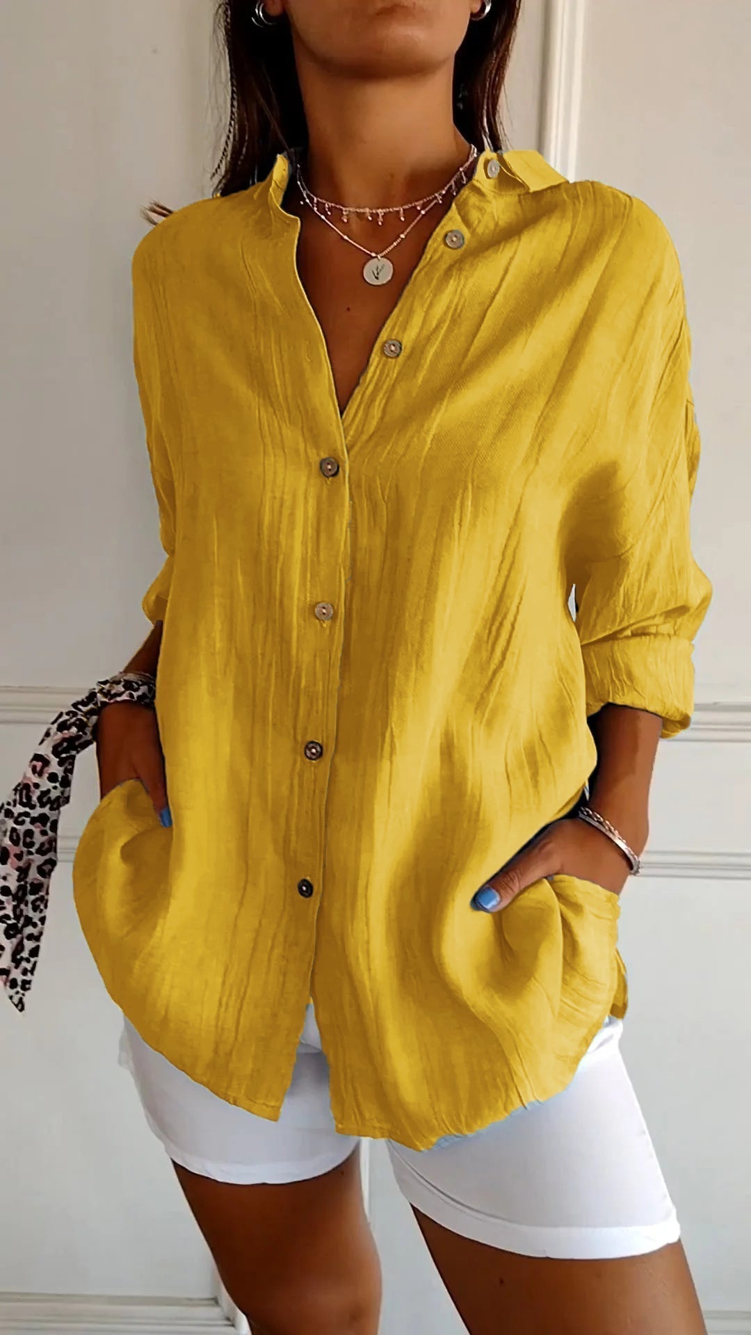Wren | Women's Crinkle Textured Button-Down Long-Sleeve Top