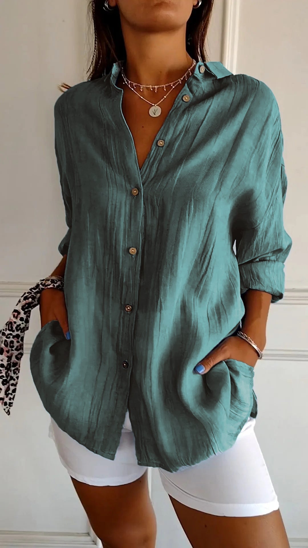 Wren | Women's Crinkle Textured Button-Down Long-Sleeve Top