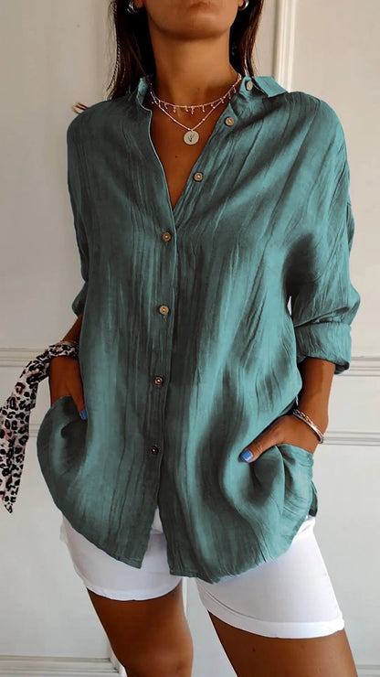 Wren | Women's Crinkle Textured Button-Down Long-Sleeve Top