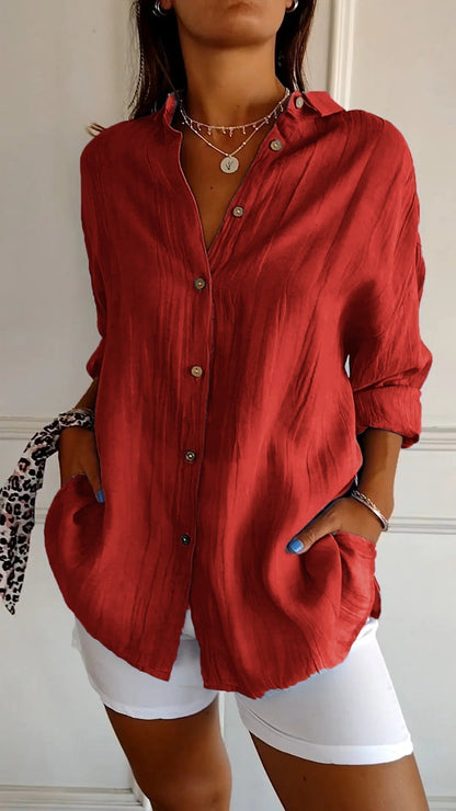 Wren | Women's Crinkle Textured Button-Down Long-Sleeve Top