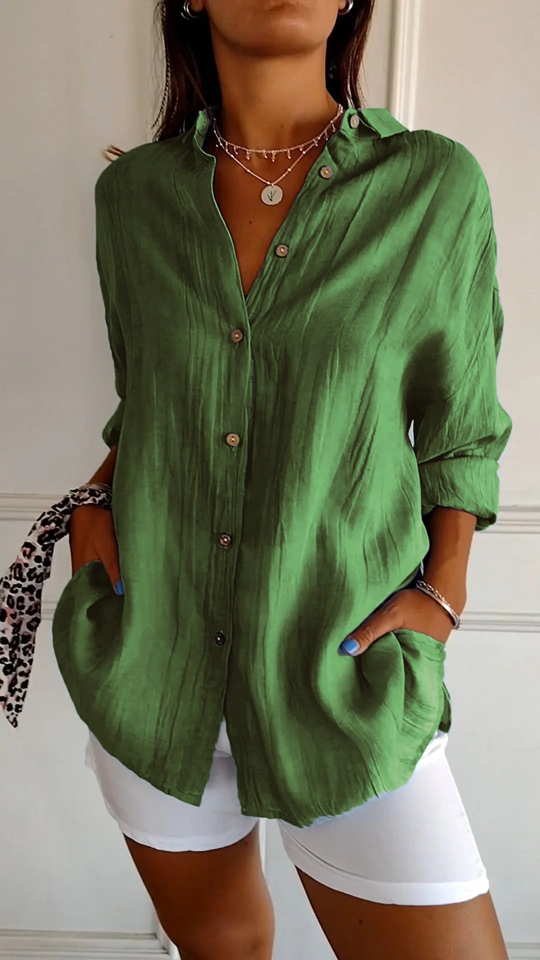 Wren | Women's Crinkle Textured Button-Down Long-Sleeve Top