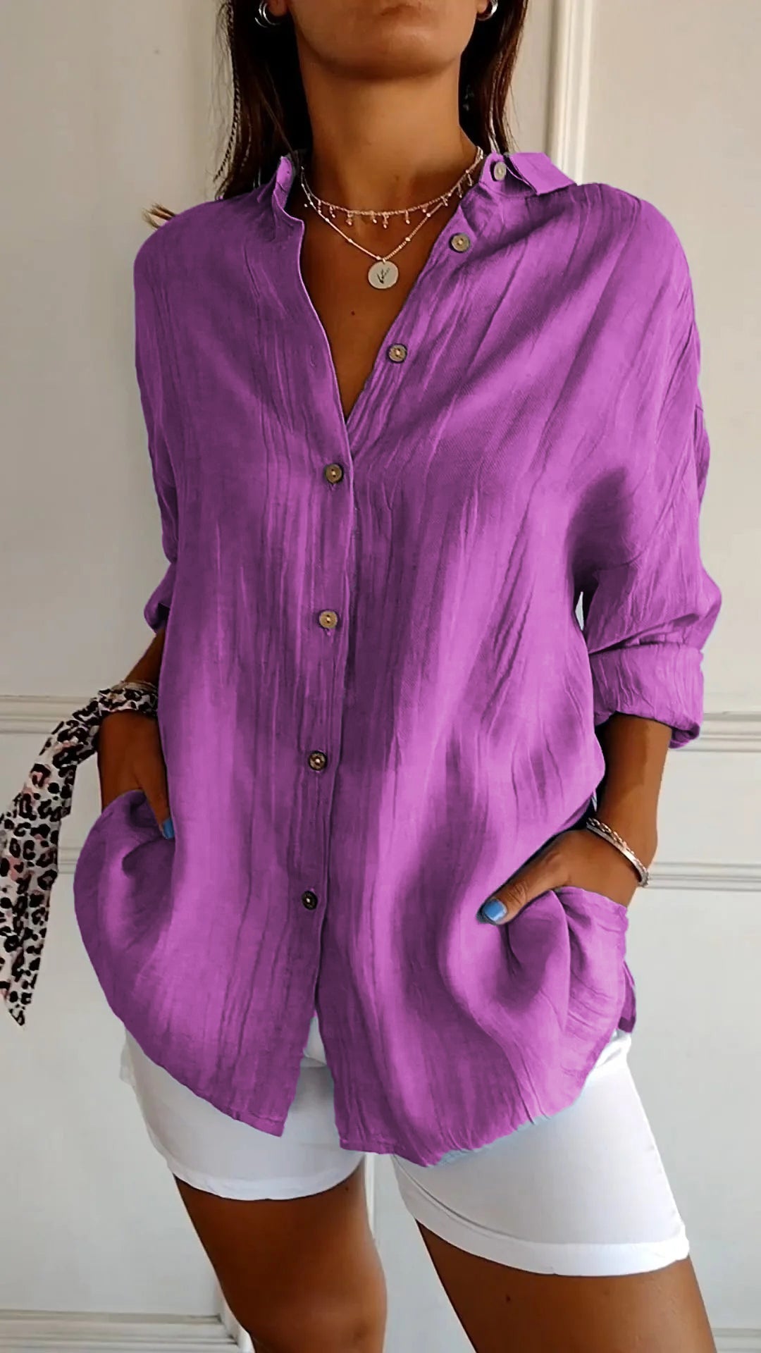 Wren | Women's Crinkle Textured Button-Down Long-Sleeve Top