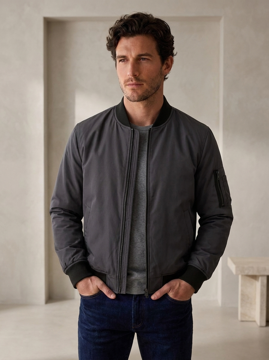Men's polyester bomber jacket with zip front